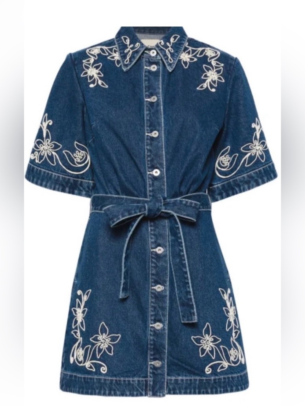 Alemais dark blue denim dress with floral embroidery